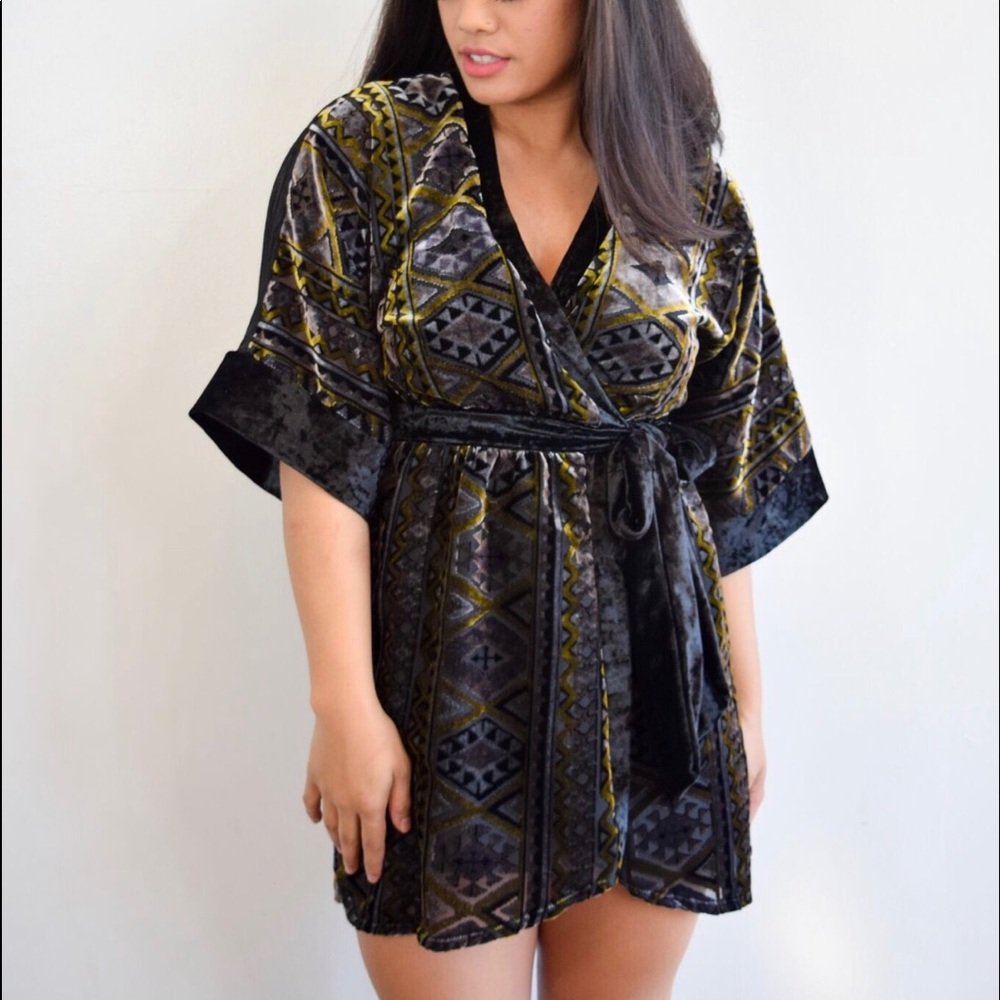 wanderlux | black & gold velour faux wrap dress
